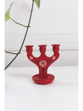 Vintage Swedish Mini Candleabra - Hand-Painted Red Wooden Candle Holder - Scandi